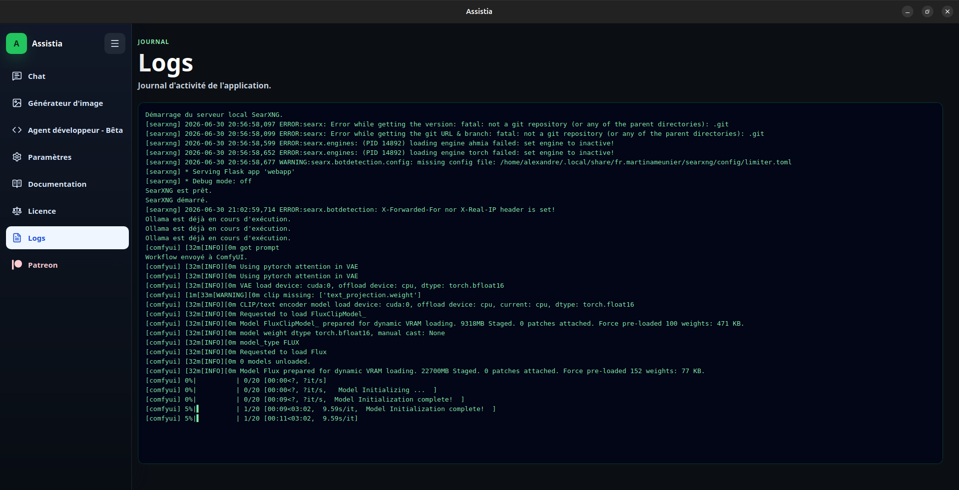 Console de logs Assistia